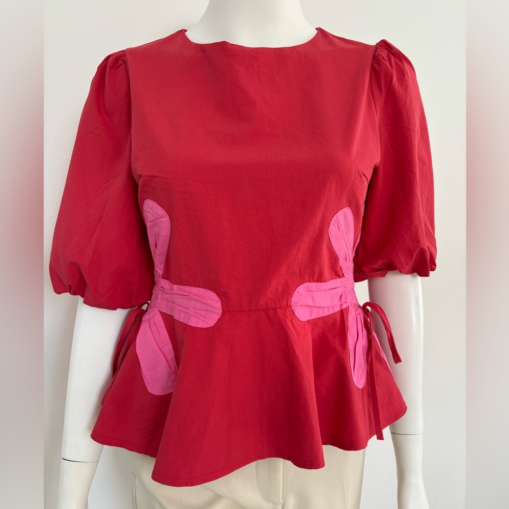 Red and Pink Puff-Sleeve Peplum Blouse